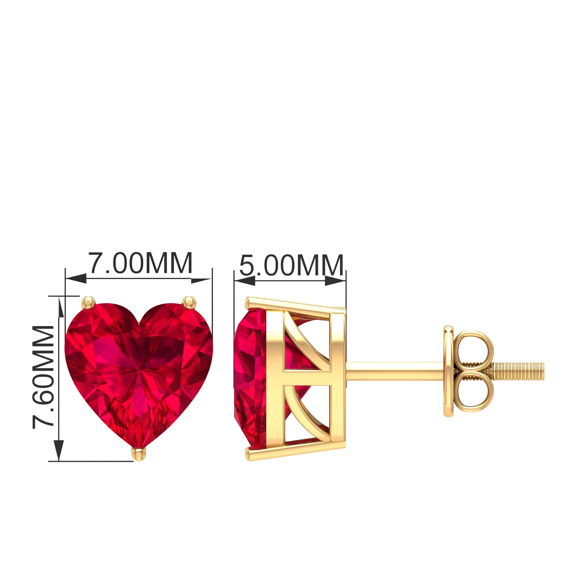 Heart Shape Created Ruby Solitaire Stud Earrings