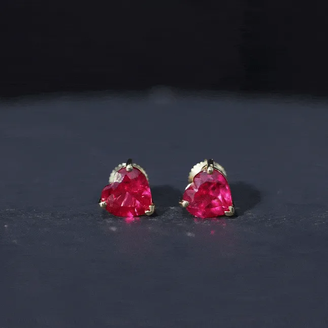 Heart Shape Created Ruby Solitaire Stud Earrings