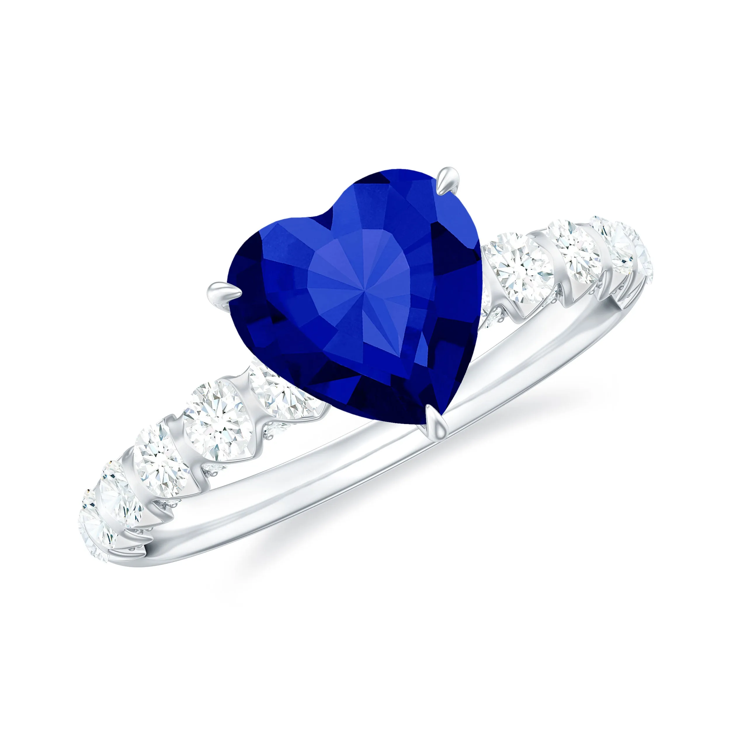 Heart Shape Lab Grown Blue Sapphire Solitaire Engagement Ring with Diamond