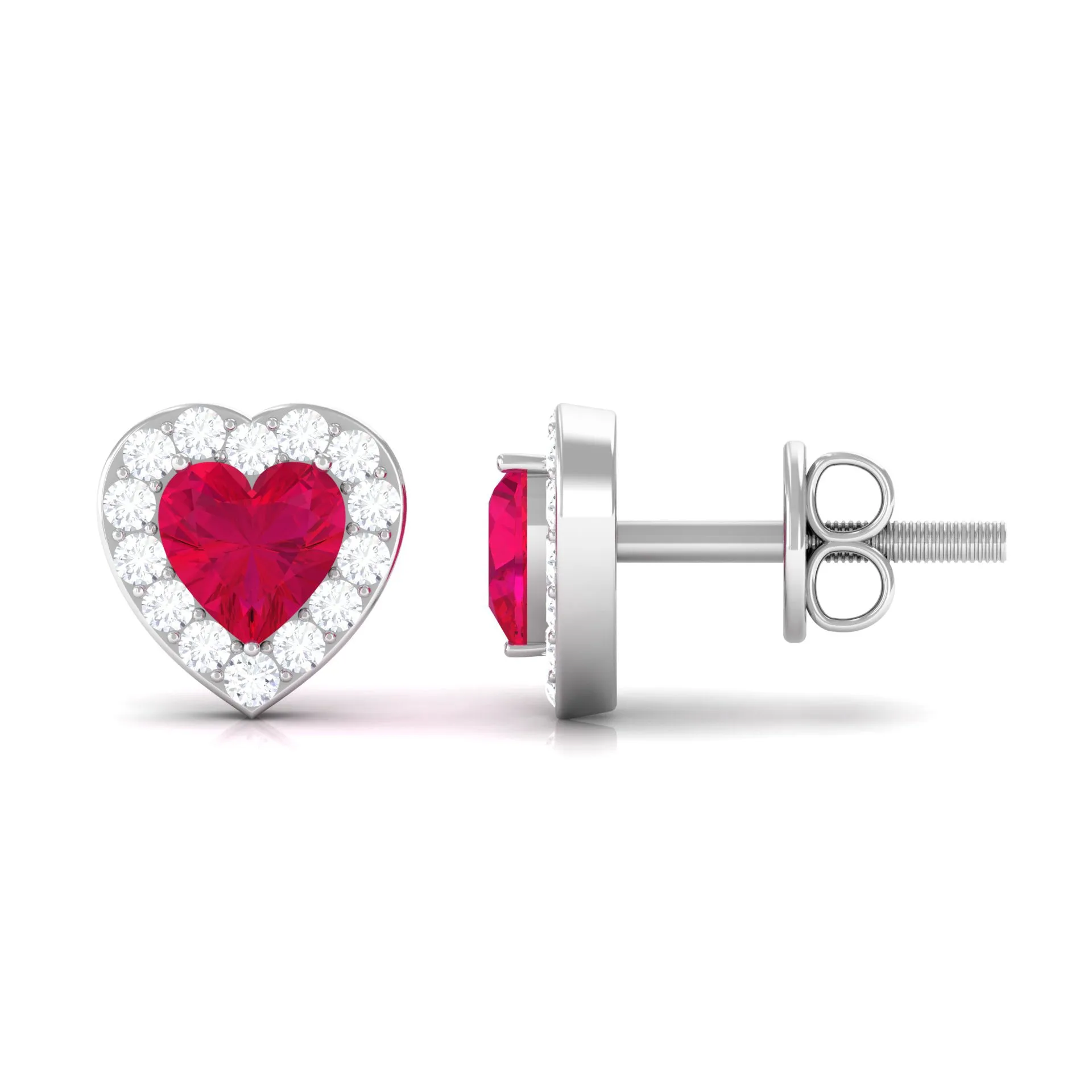 Heart Shape Ruby Stud Earrings with Diamond Halo