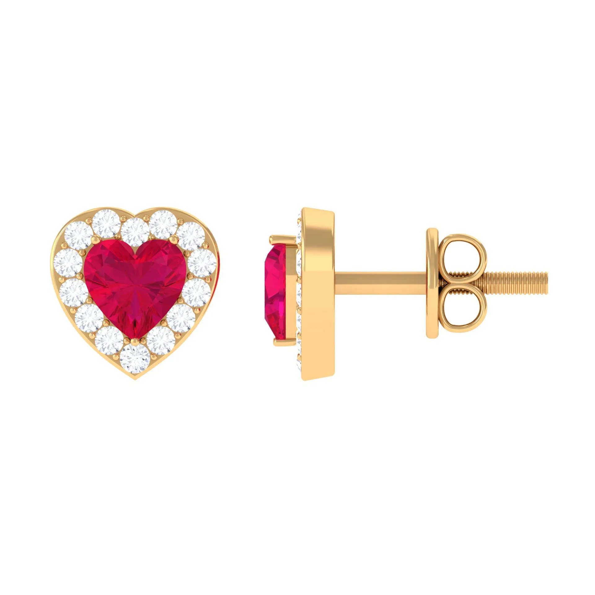 Heart Shape Ruby Stud Earrings with Diamond Halo