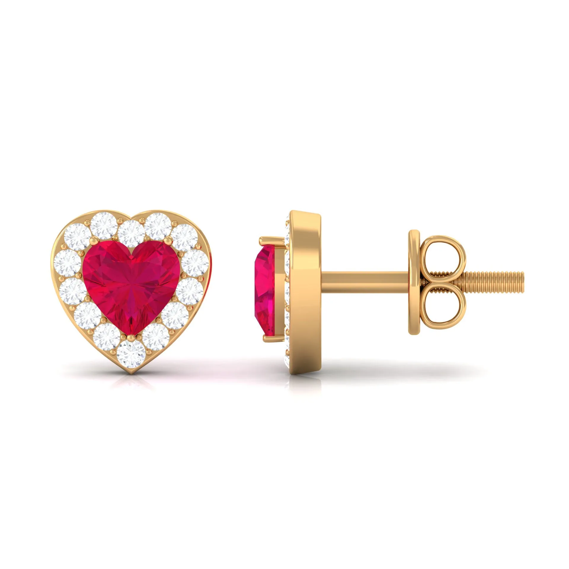 Heart Shape Ruby Stud Earrings with Diamond Halo