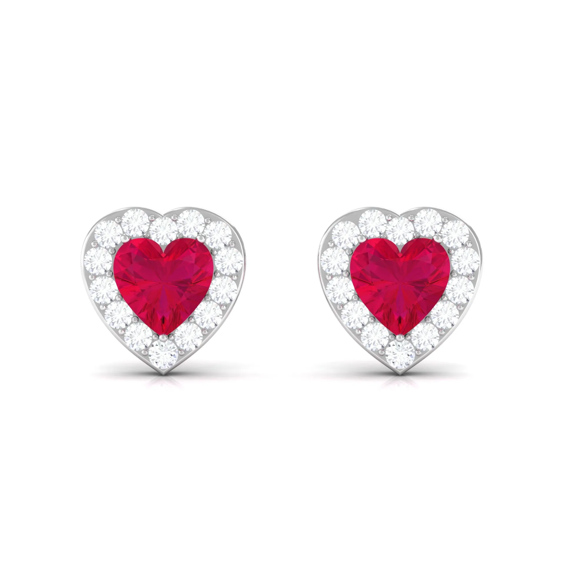 Heart Shape Ruby Stud Earrings with Diamond Halo