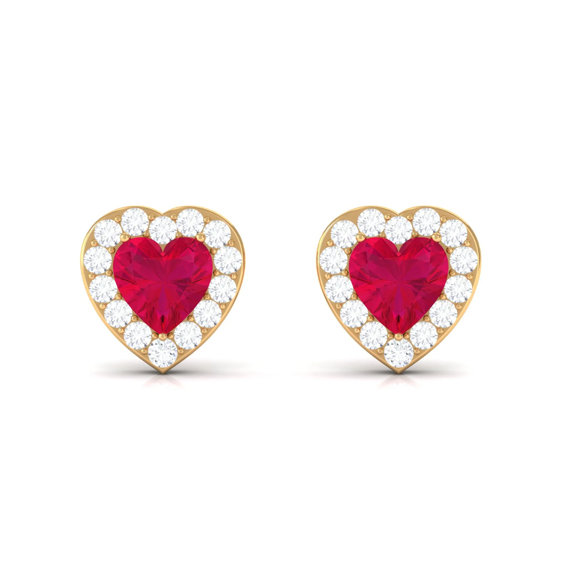 Heart Shape Ruby Stud Earrings with Diamond Halo