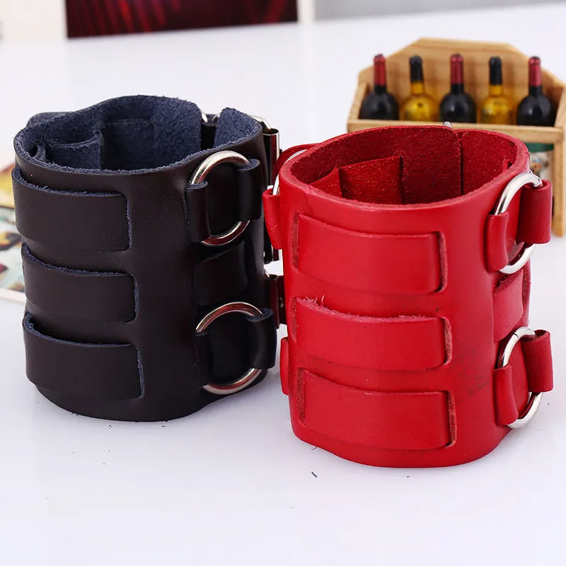 Heavy Metal Leather Bracelet Three Row with Metal O Rings