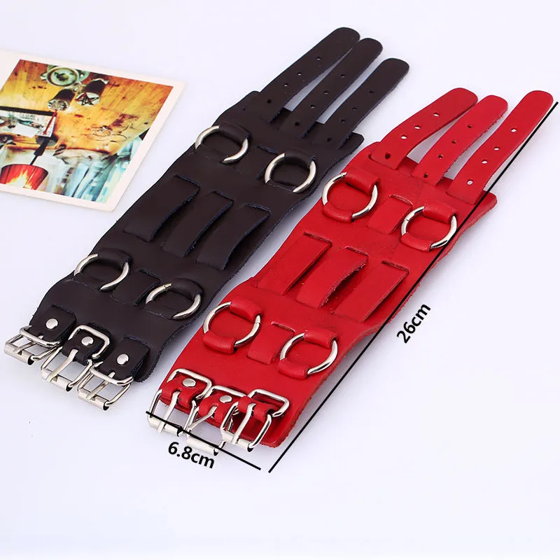 Heavy Metal Leather Bracelet Three Row with Metal O Rings