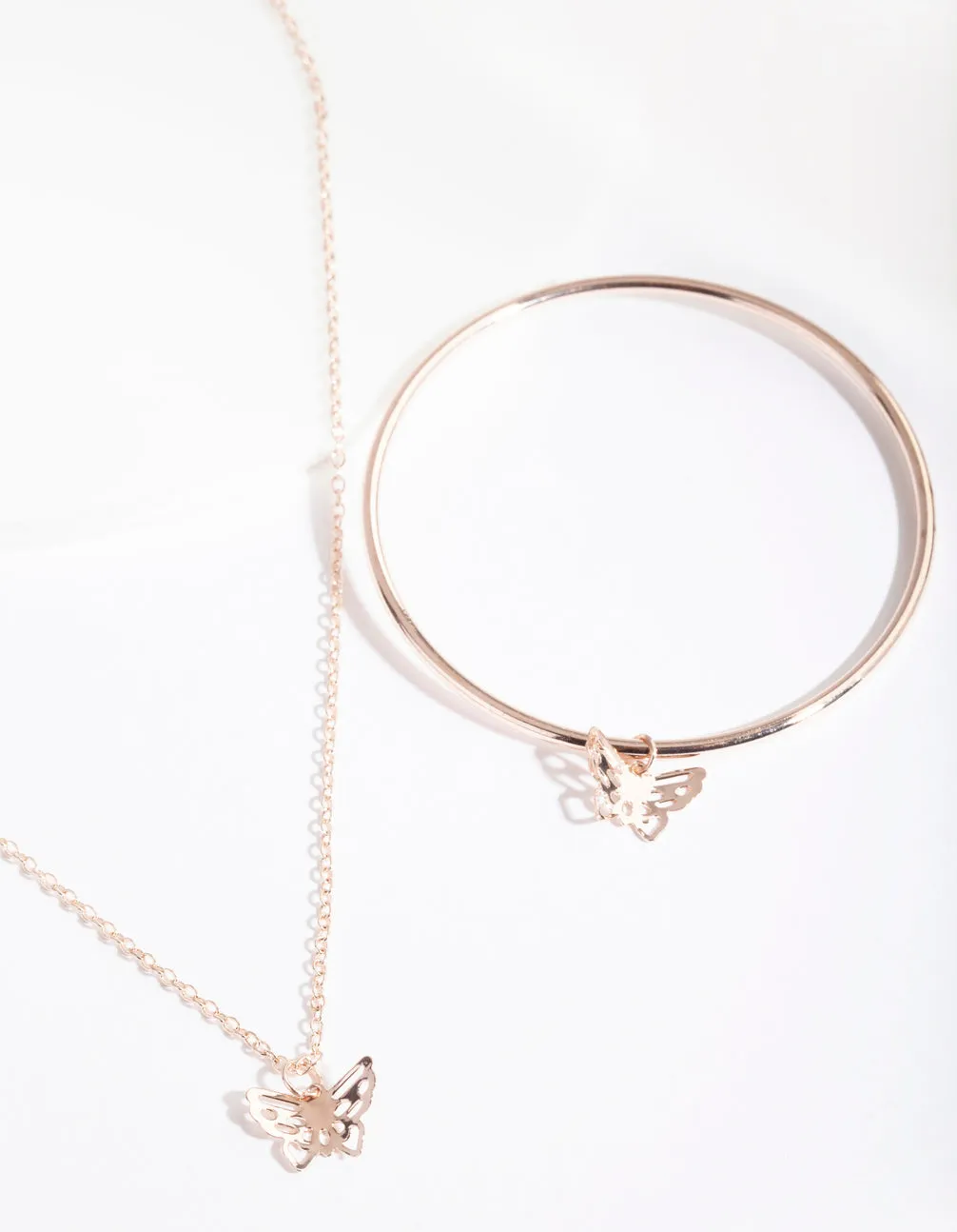 Kids Rose Gold Butterfly Necklace & Bangle Set