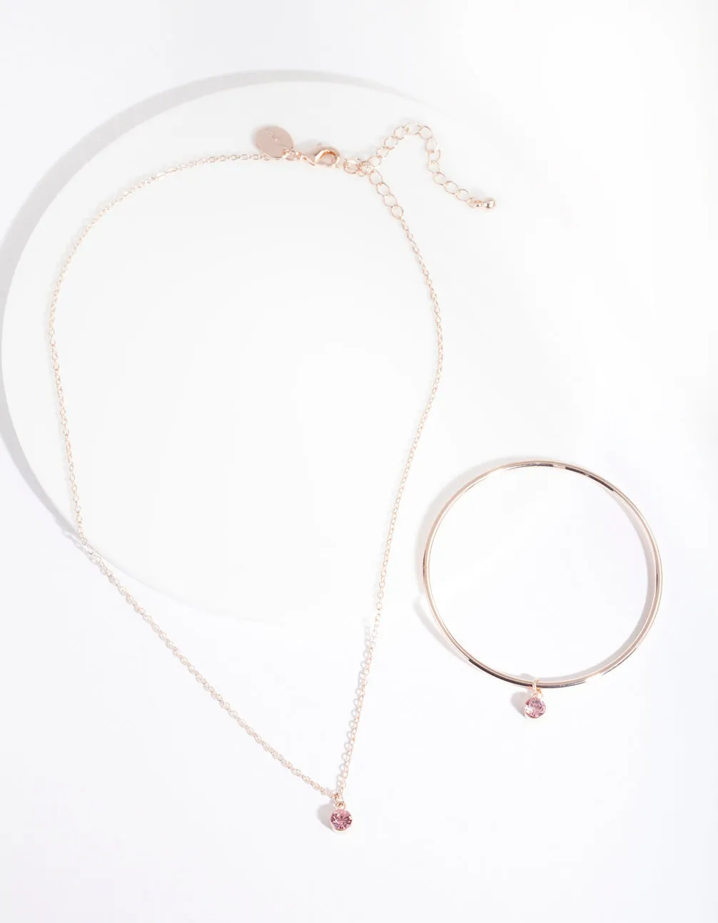 Kids Rose Gold Pink Diamante Charm Necklace & Bangle Set