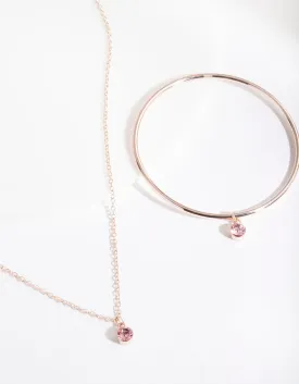 Kids Rose Gold Pink Diamante Charm Necklace & Bangle Set