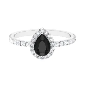 Lab-Created Black Diamond Teardrop Engagement Ring with Diamond Halo