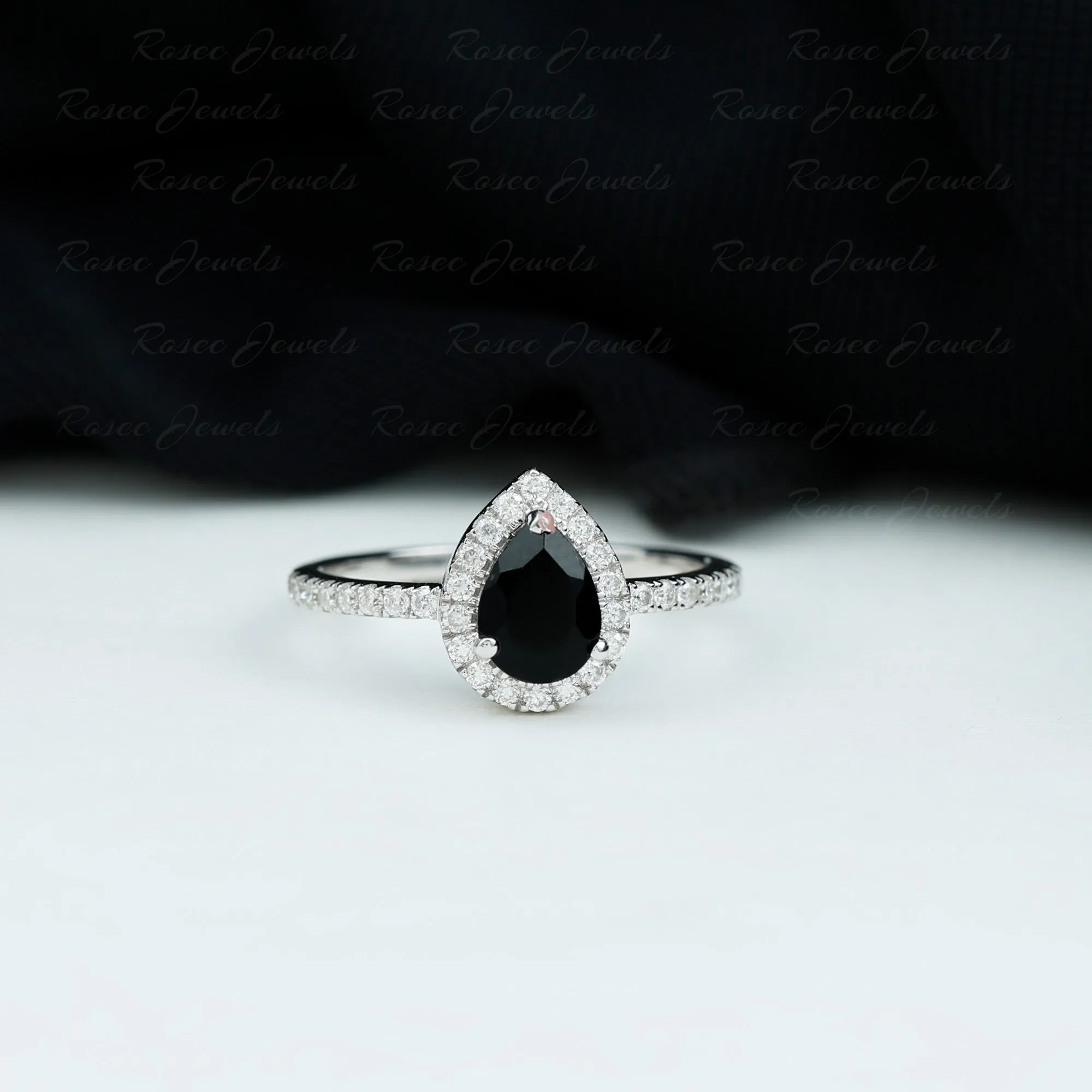 Lab-Created Black Diamond Teardrop Engagement Ring with Diamond Halo