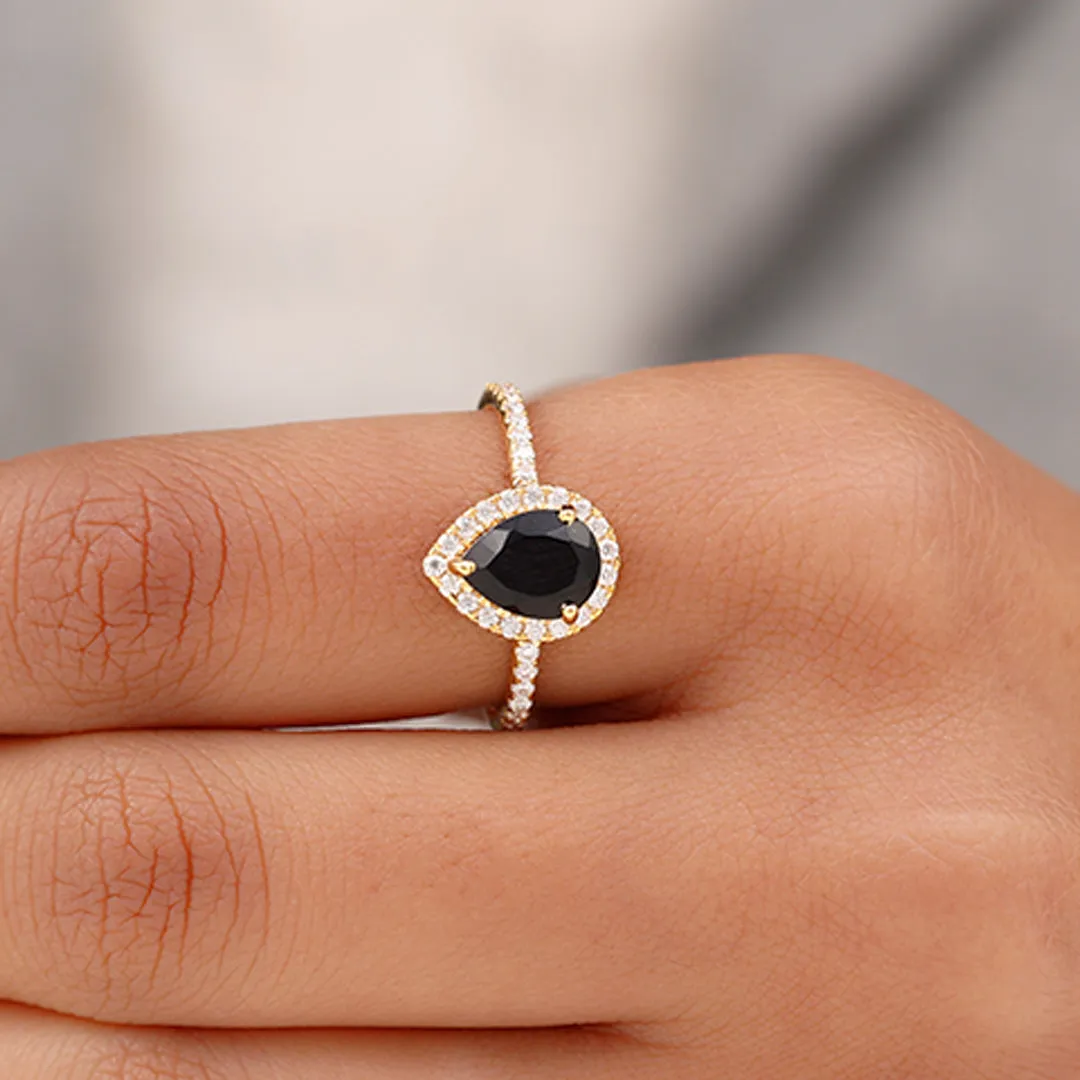 Lab-Created Black Diamond Teardrop Engagement Ring with Diamond Halo