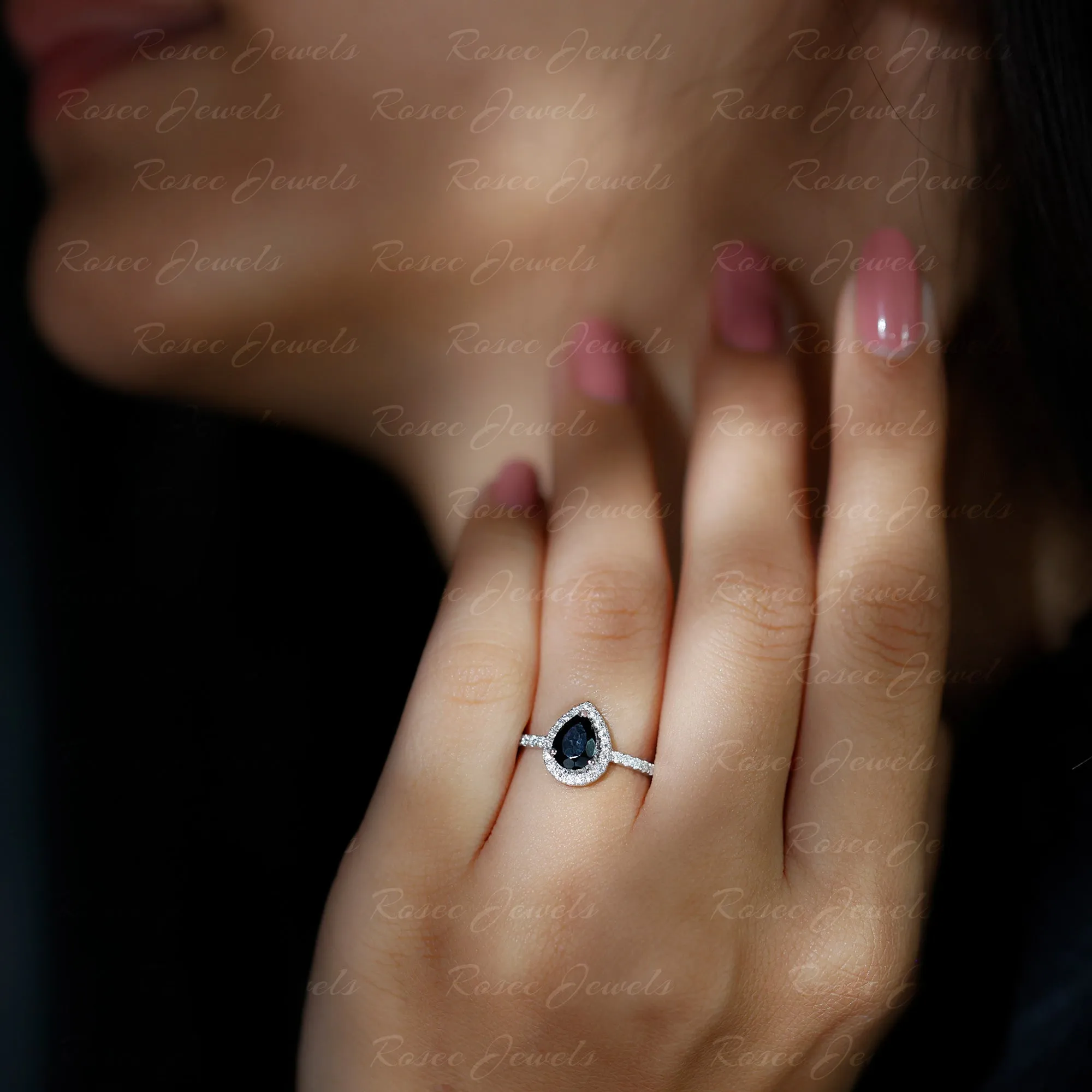 Lab-Created Black Diamond Teardrop Engagement Ring with Diamond Halo