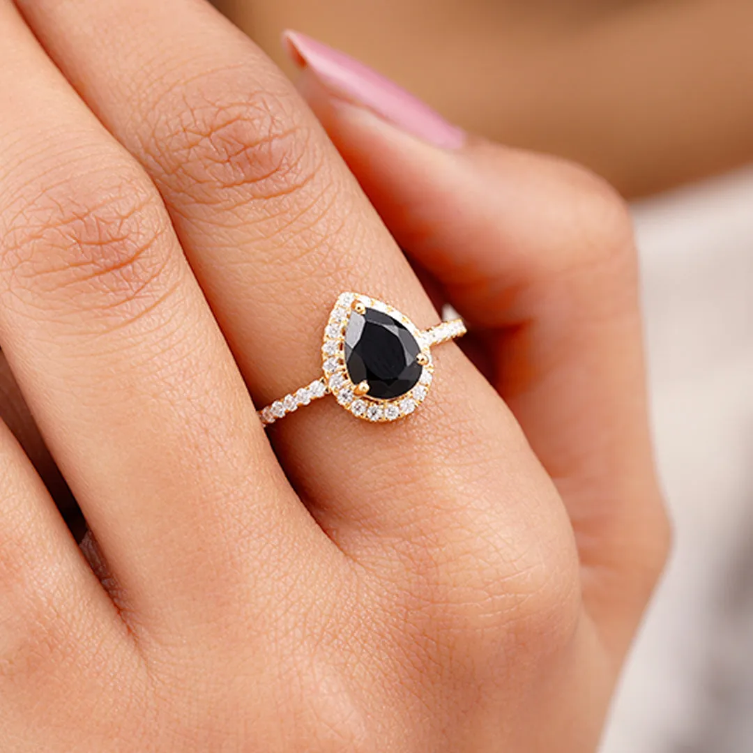 Lab-Created Black Diamond Teardrop Engagement Ring with Diamond Halo