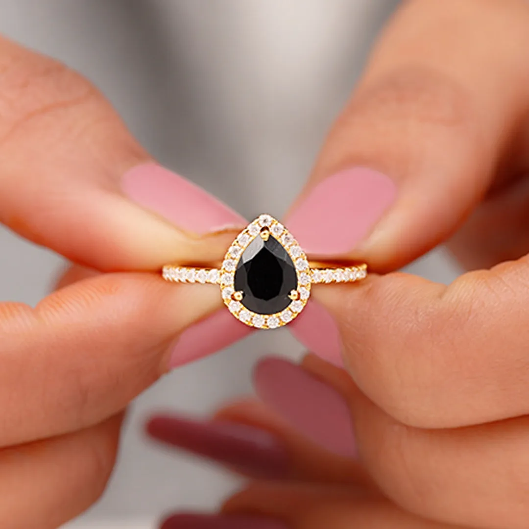 Lab-Created Black Diamond Teardrop Engagement Ring with Diamond Halo