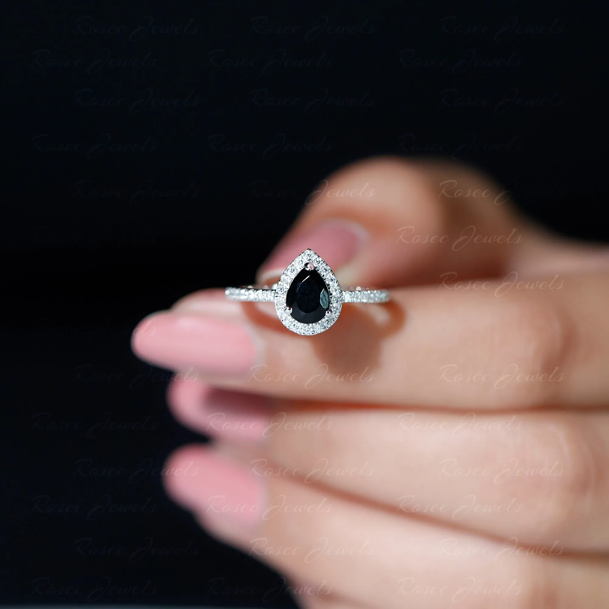 Lab-Created Black Diamond Teardrop Engagement Ring with Diamond Halo