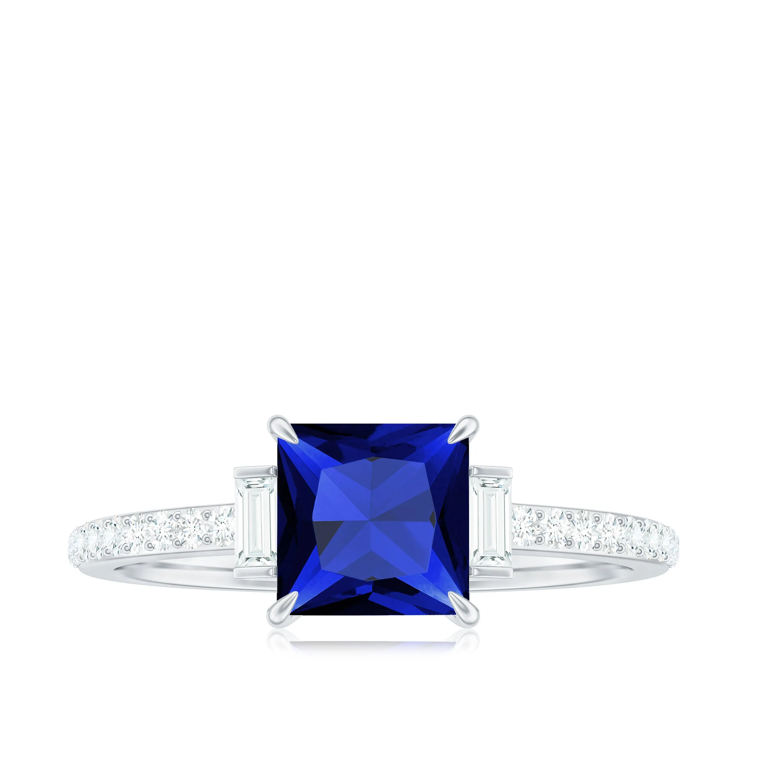 Lab Created Blue Sapphire Solitaire Ring with Diamond Stones