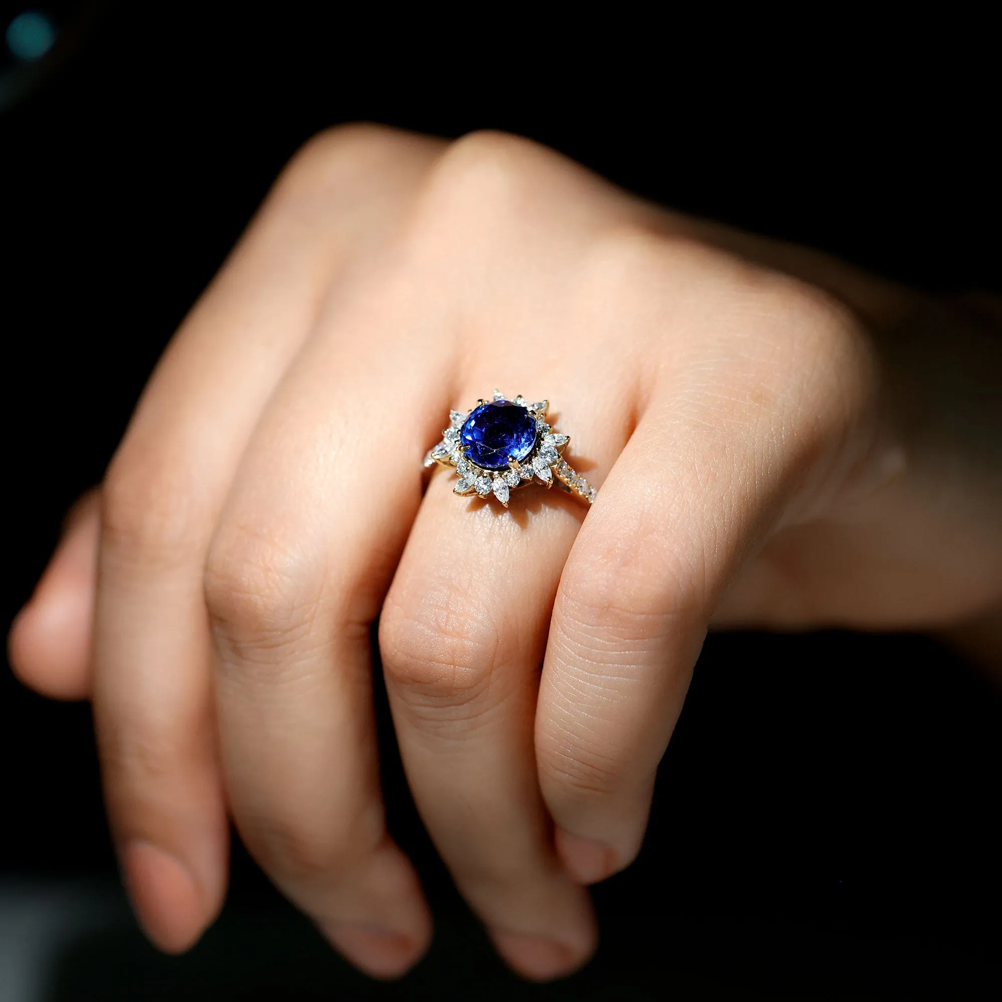 Lab Grown Blue Sapphire And Moissanite Floral Inspired Ring