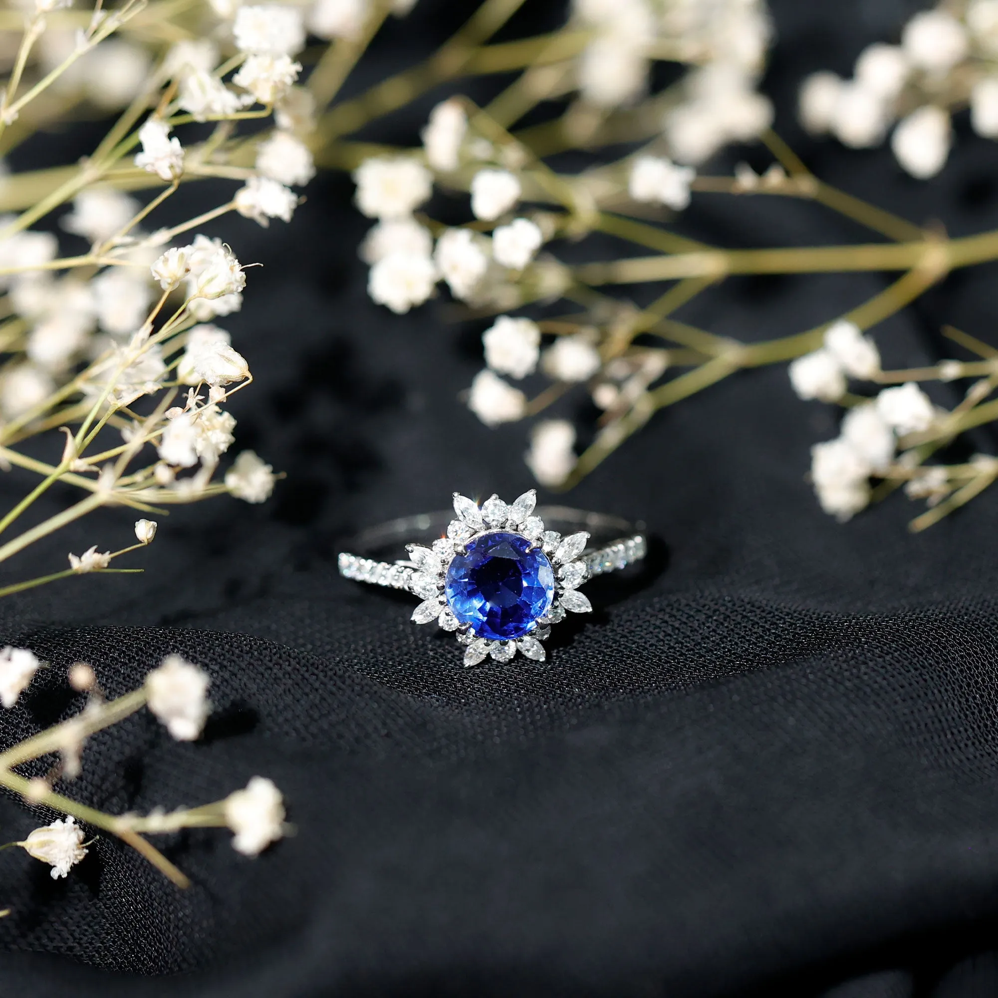 Lab Grown Blue Sapphire And Moissanite Floral Inspired Ring