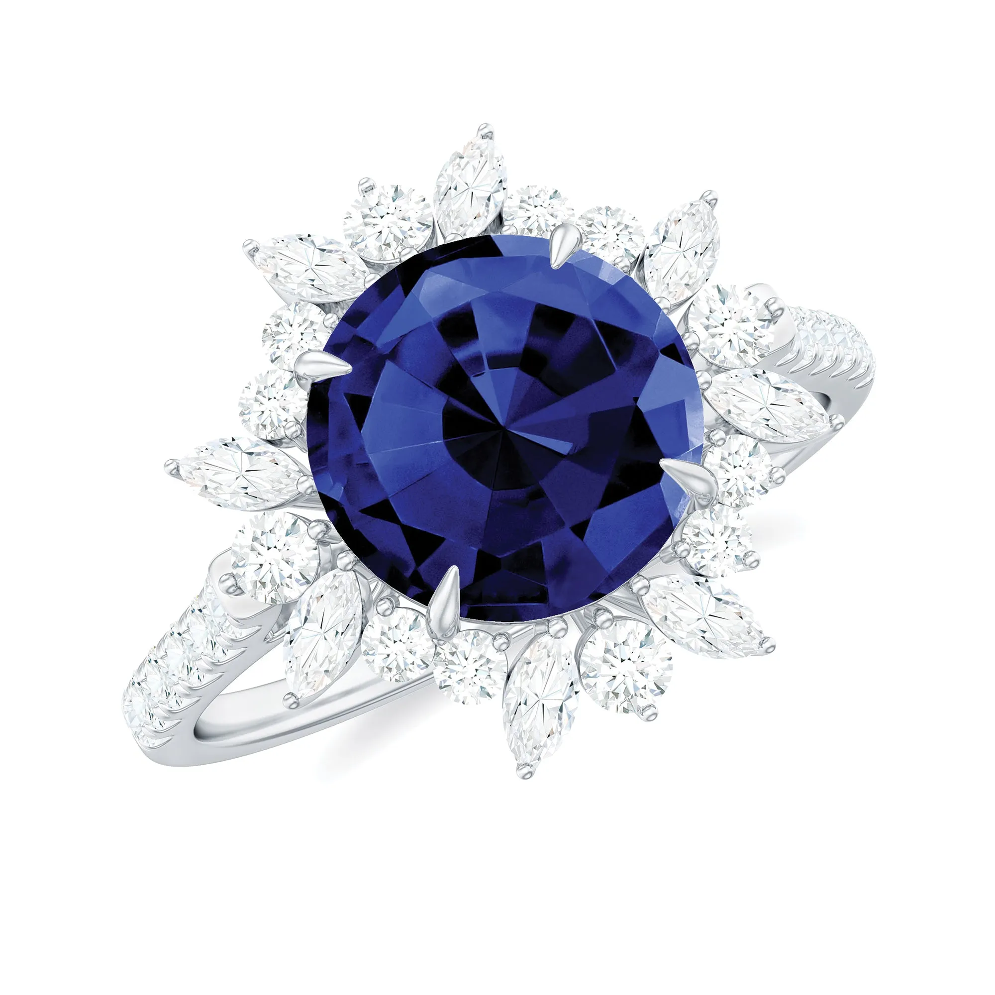 Lab Grown Blue Sapphire And Moissanite Floral Inspired Ring