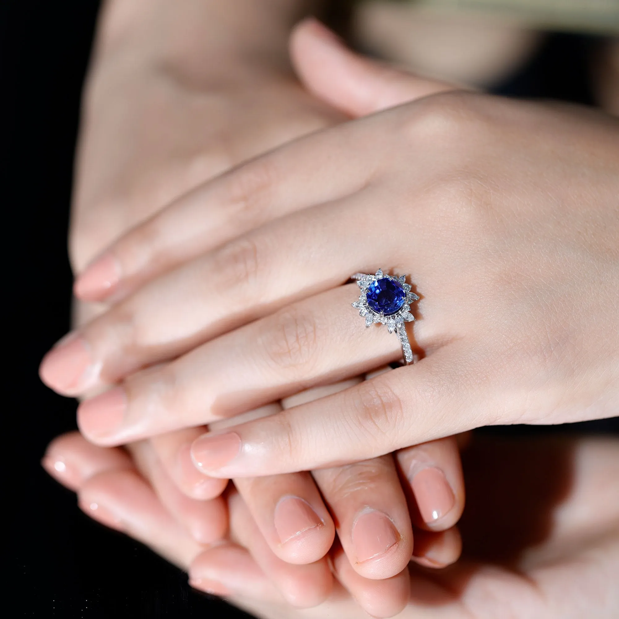 Lab Grown Blue Sapphire And Moissanite Floral Inspired Ring