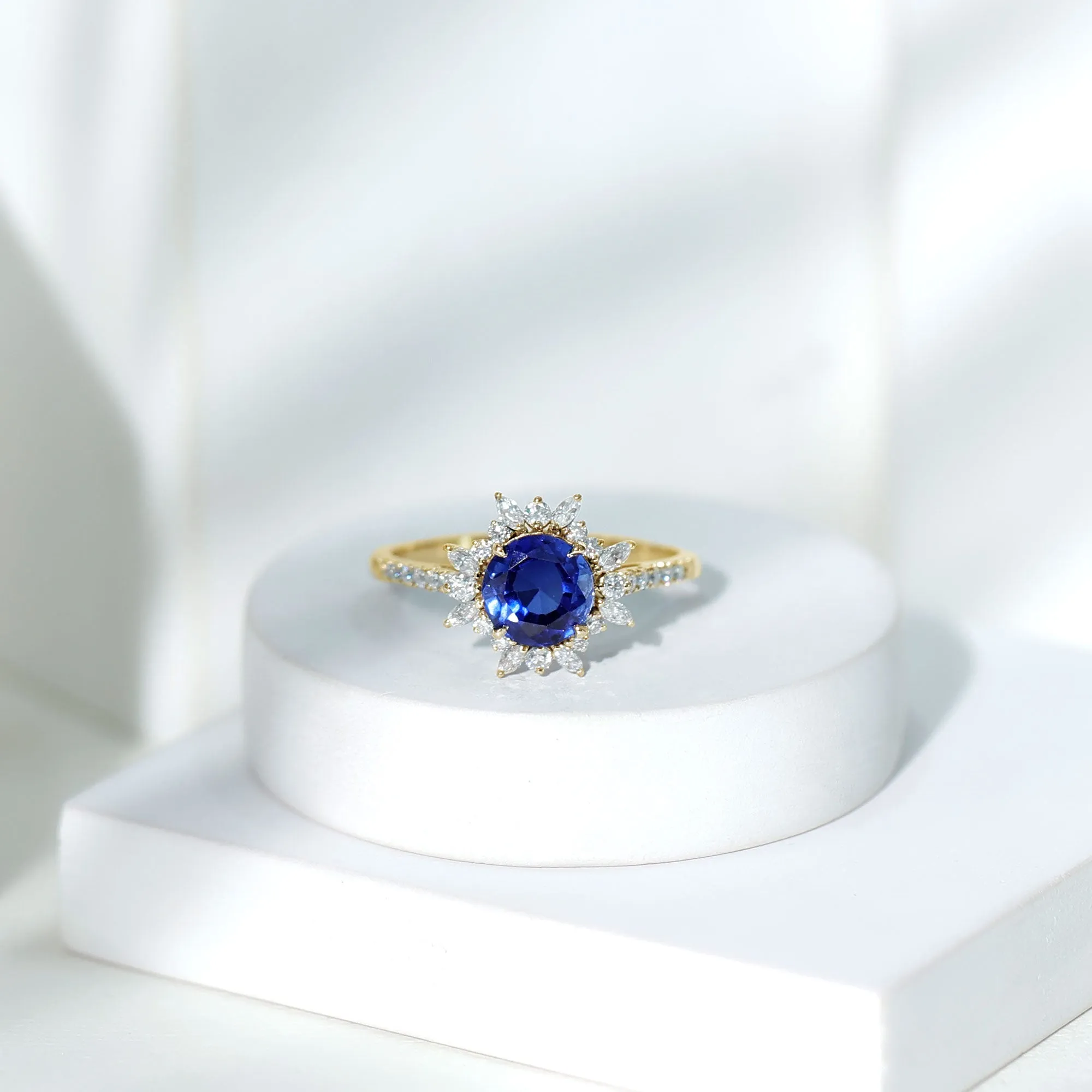 Lab Grown Blue Sapphire And Moissanite Floral Inspired Ring