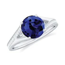 Lab Grown Blue Sapphire Solitaire Engagement Ring with Diamond Split Shank