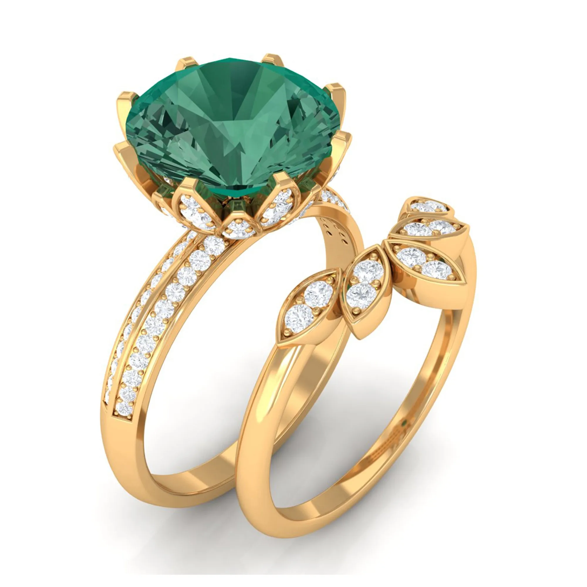 Lab Grown Green Sapphire Flower Wedding Ring Set with Moissanite