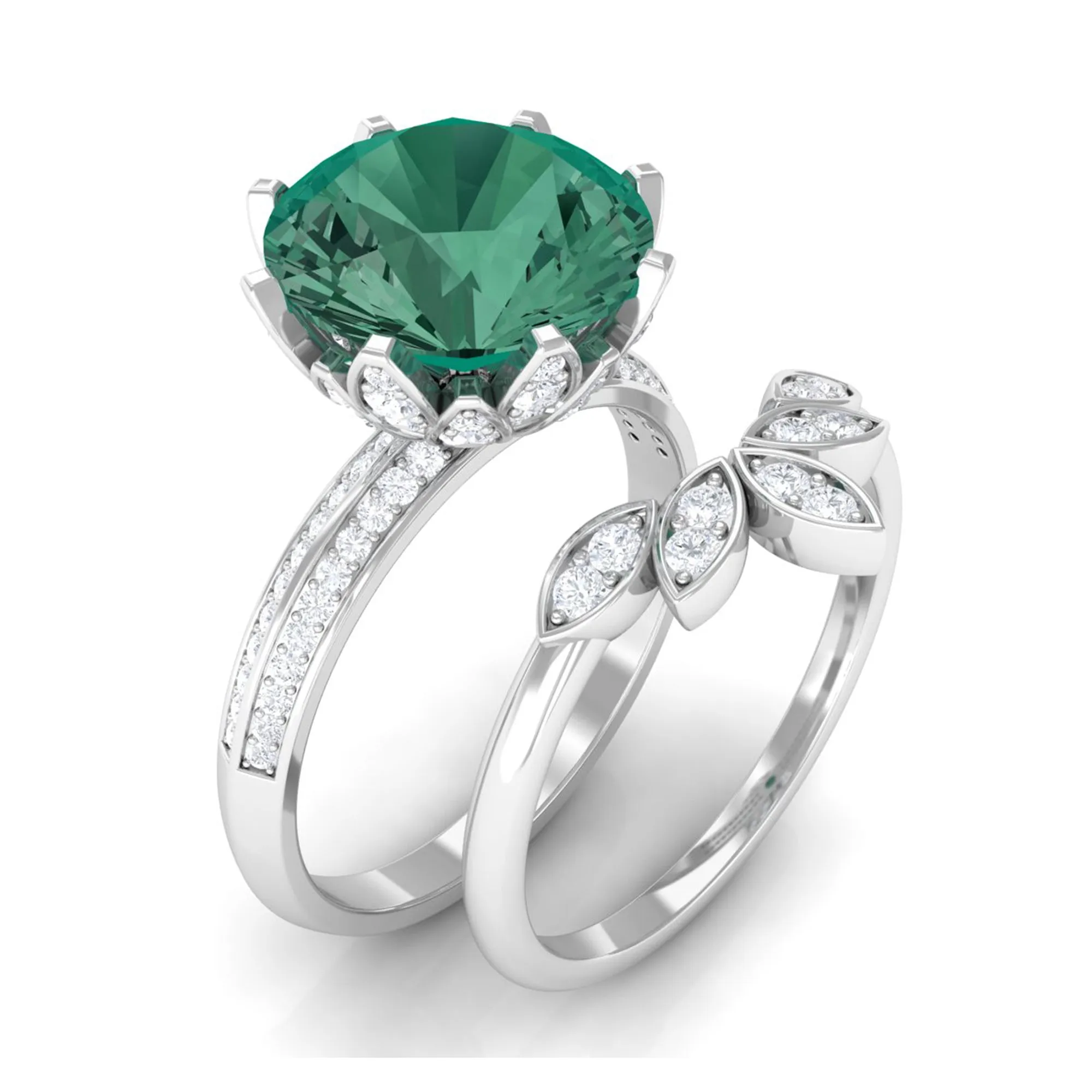 Lab Grown Green Sapphire Flower Wedding Ring Set with Moissanite