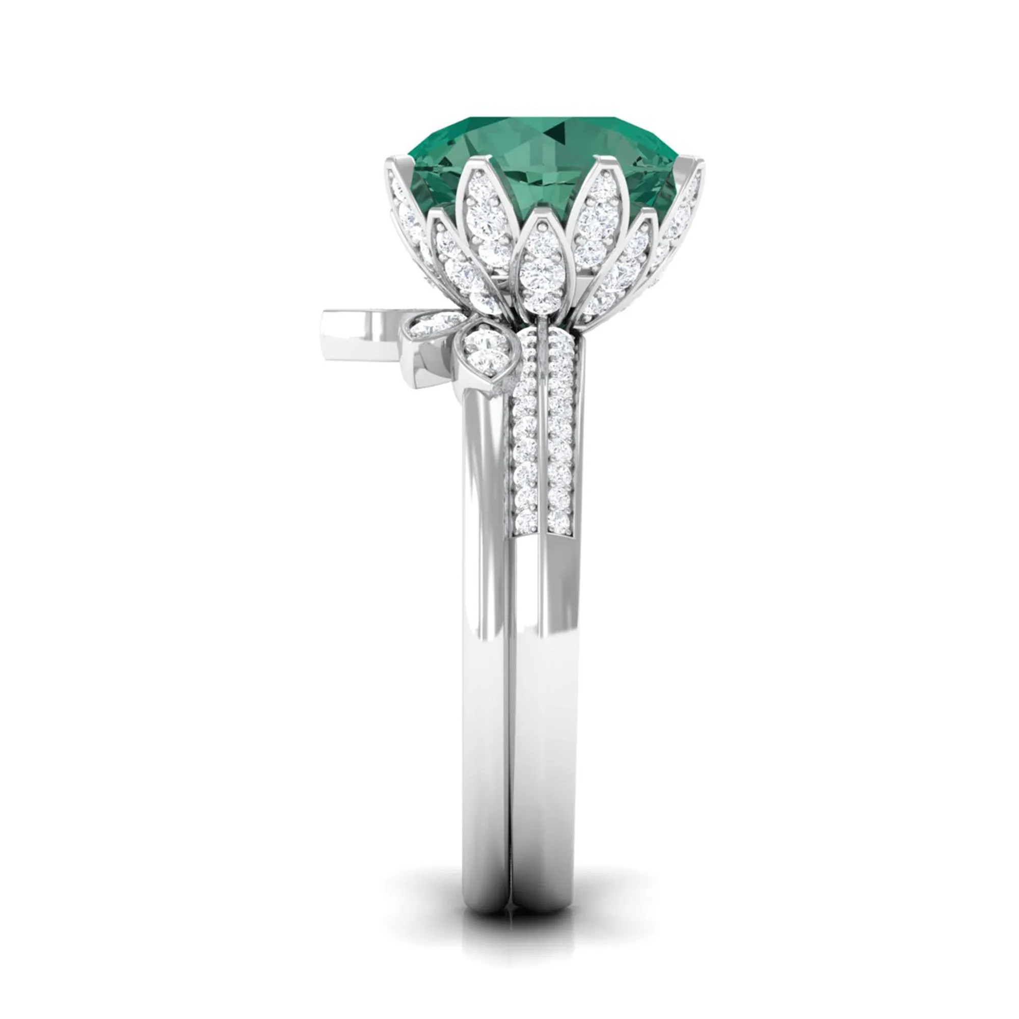 Lab Grown Green Sapphire Flower Wedding Ring Set with Moissanite