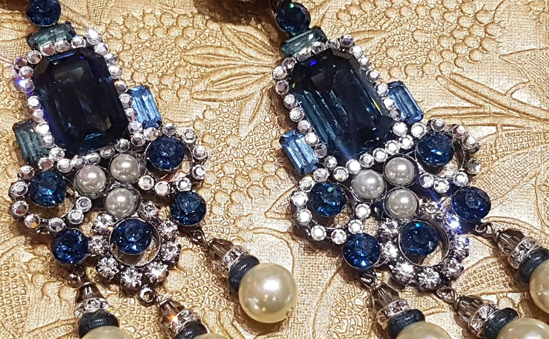 Larry Vrba Earrings Clip On Chandelier Sapphire Blue Pearl Silver Signed