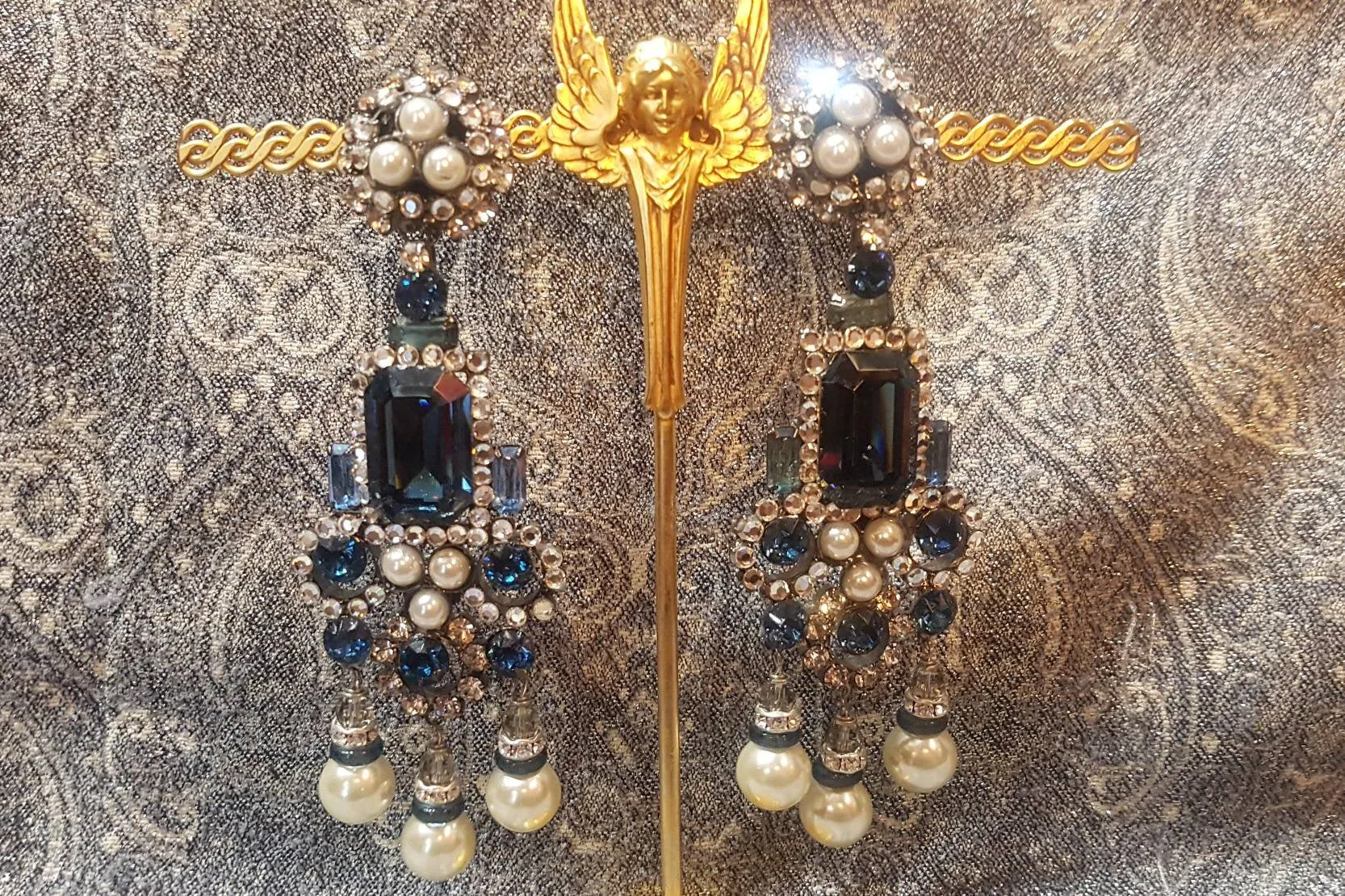 Larry Vrba Earrings Clip On Chandelier Sapphire Blue Pearl Silver Signed