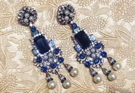 Larry Vrba Earrings Clip On Chandelier Sapphire Blue Pearl Silver Signed