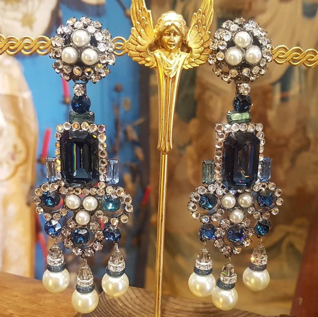 Larry Vrba Earrings Clip On Chandelier Sapphire Blue Pearl Silver Signed