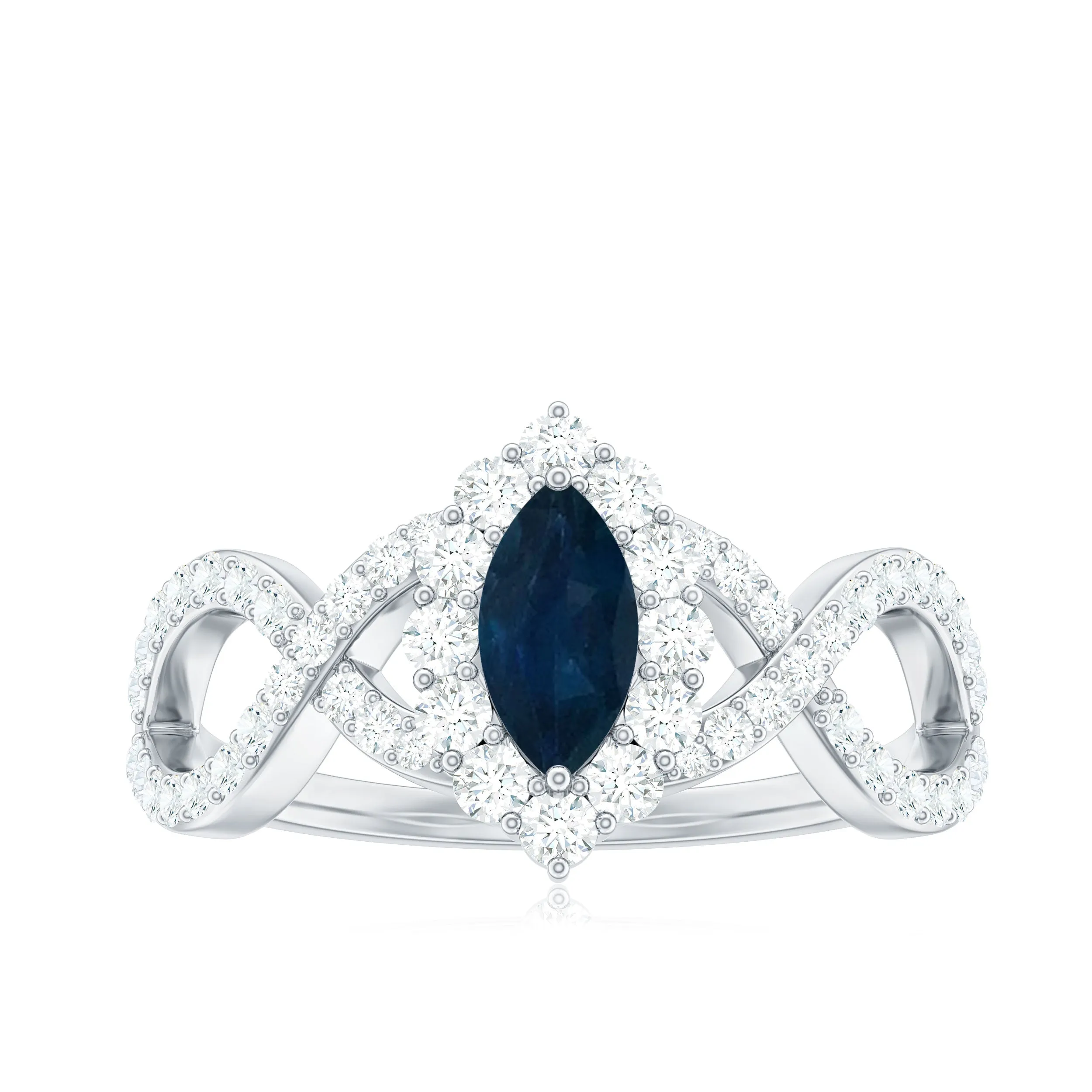 Marquise Blue Sapphire Crossover Engagement Ring with Diamond Halo