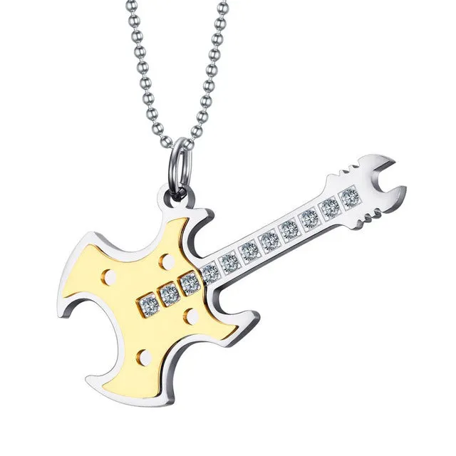 Metal Guitar Warlock Pendant Necklace Stainless Steel