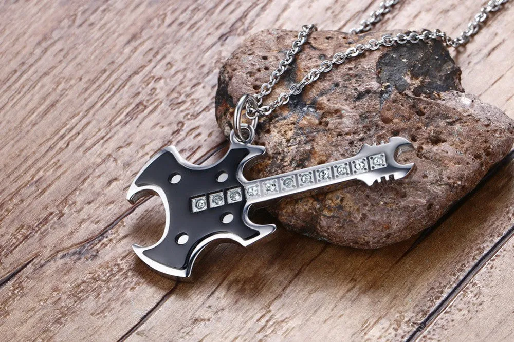 Metal Guitar Warlock Pendant Necklace Stainless Steel