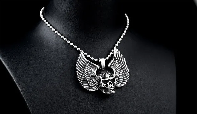 Metal Winged Skull Pendant Necklace Stainless Steel