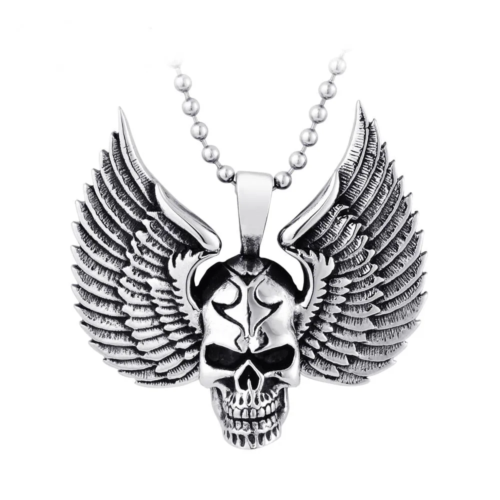 Metal Winged Skull Pendant Necklace Stainless Steel