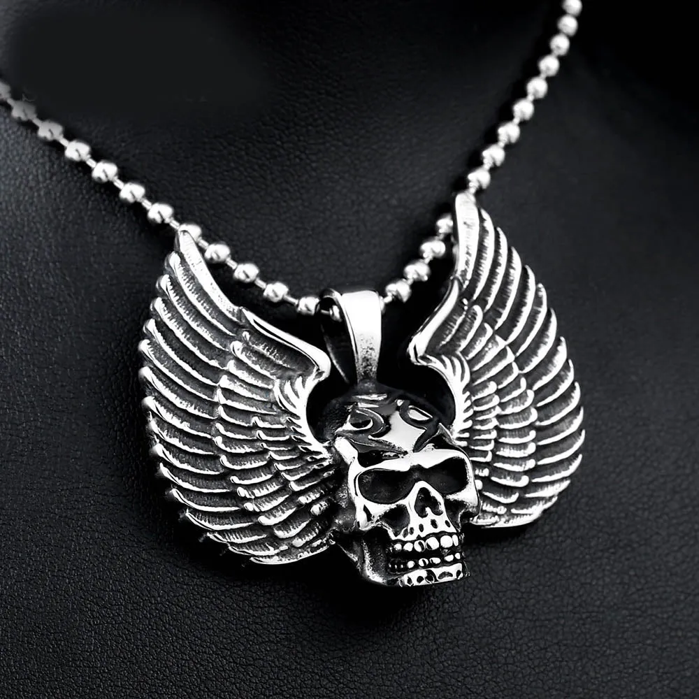 Metal Winged Skull Pendant Necklace Stainless Steel