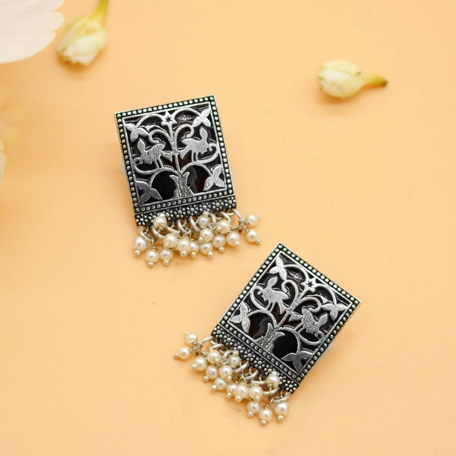 Miniature Black Enamel Silver Earrings