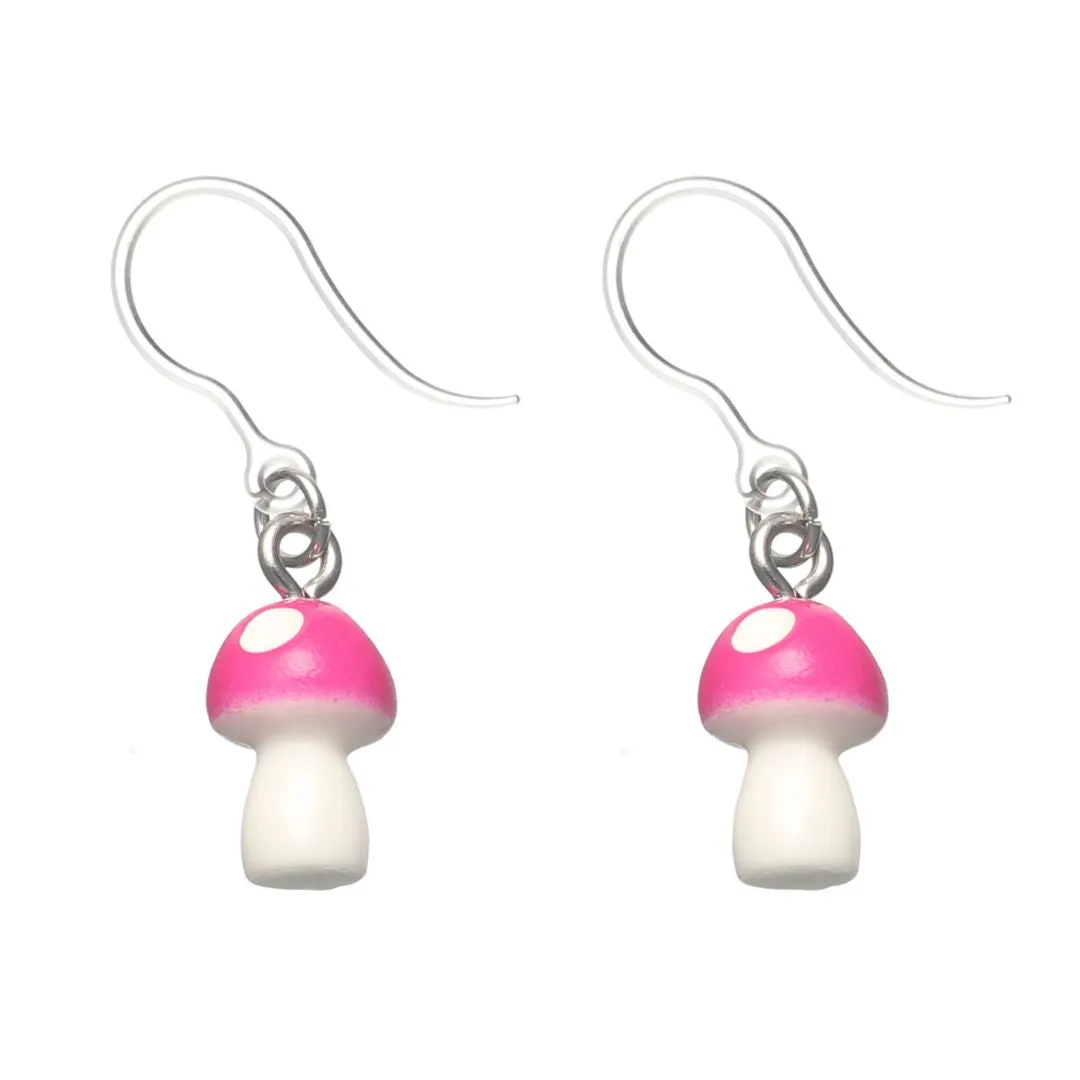 Miniature Mushroom Dangles Hypoallergenic Earrings for Sensitive Ears Made with Plastic Posts