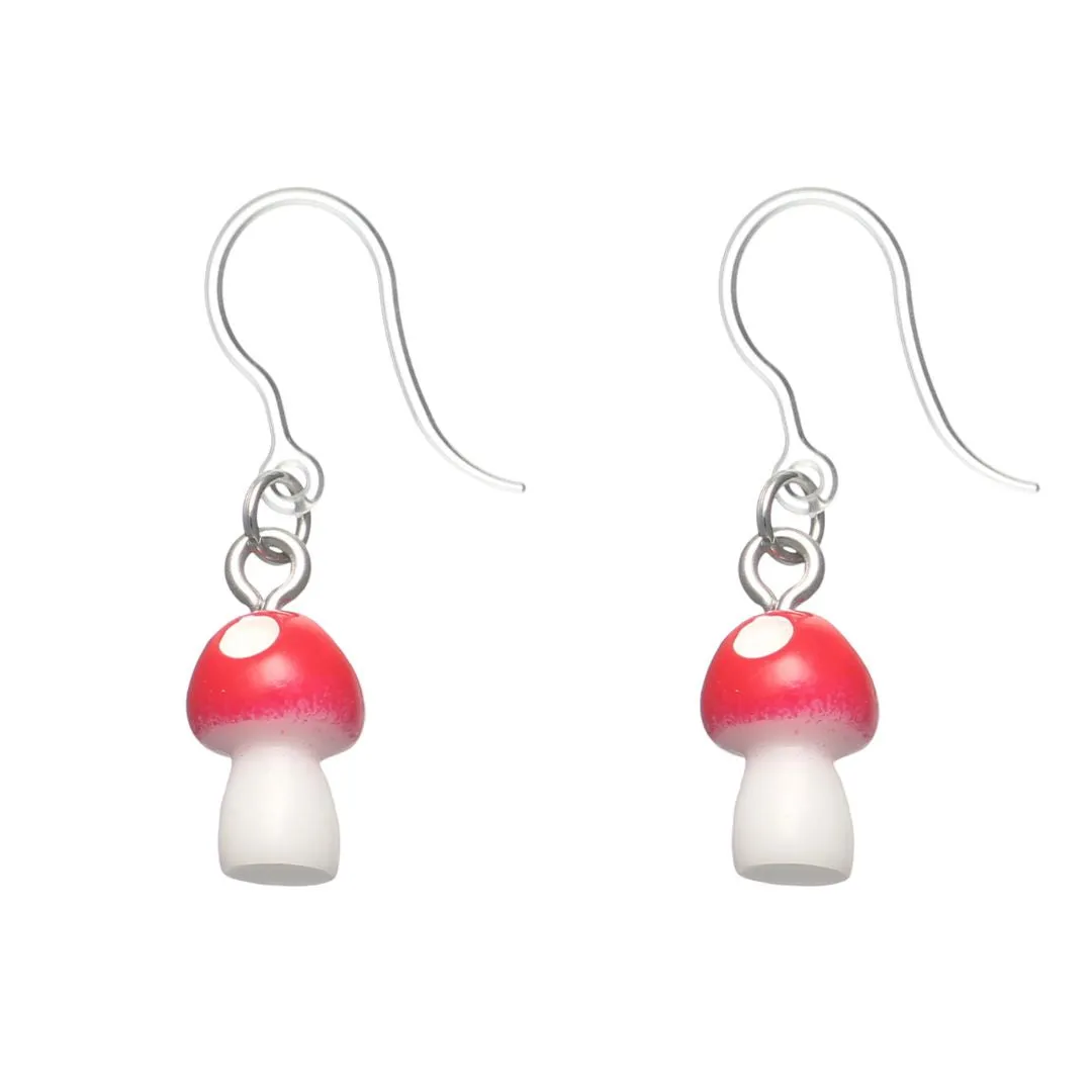 Miniature Mushroom Dangles Hypoallergenic Earrings for Sensitive Ears Made with Plastic Posts