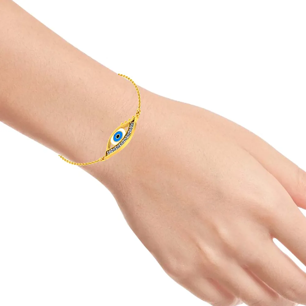 Minimal And Chic 14k Gold And Diamond Studded Evil Eye Bracelet From The Diamond Collection Of Pc Chandra Jewellers