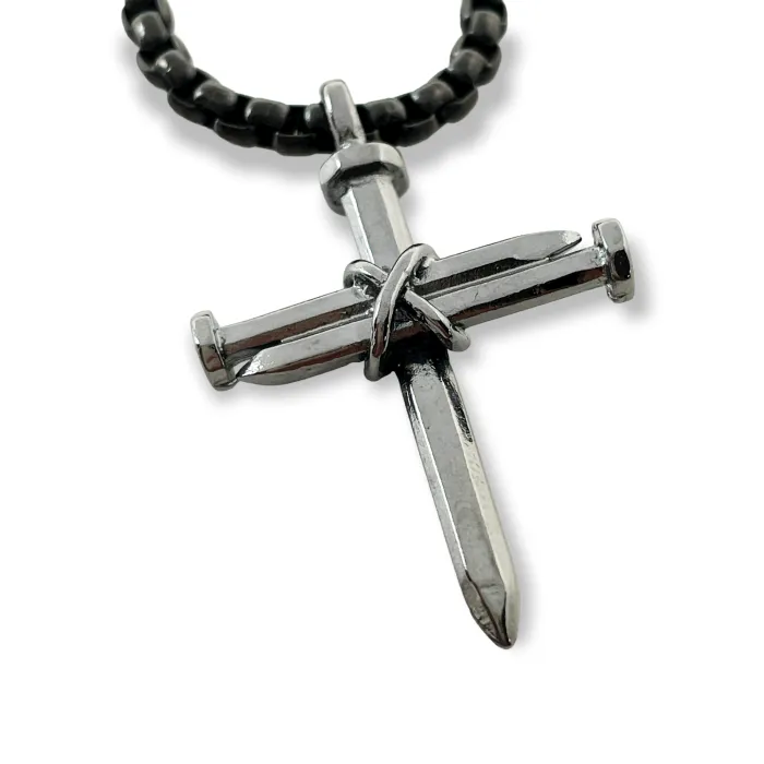 Nail Cross Dark Metal Finish Pendant Dark Finish Heavy Chain Necklace