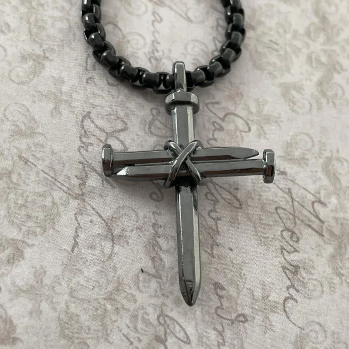 Nail Cross Dark Metal Finish Pendant Dark Finish Heavy Chain Necklace