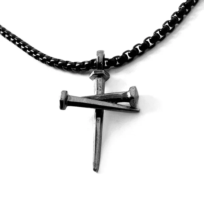 Nail Cross Pendant Necklace Dark Finish Heavy Chain