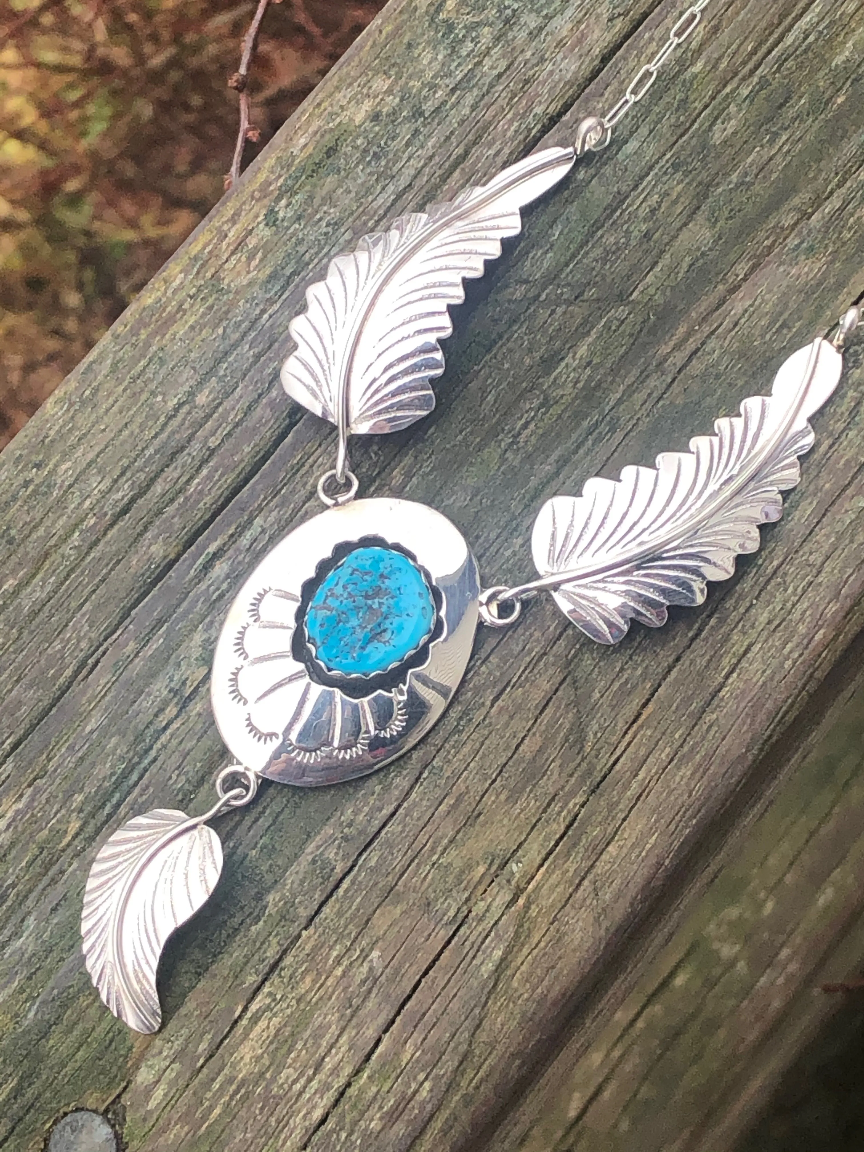 Navajo Stamped sterling silver and turquoise Shadow box necklace