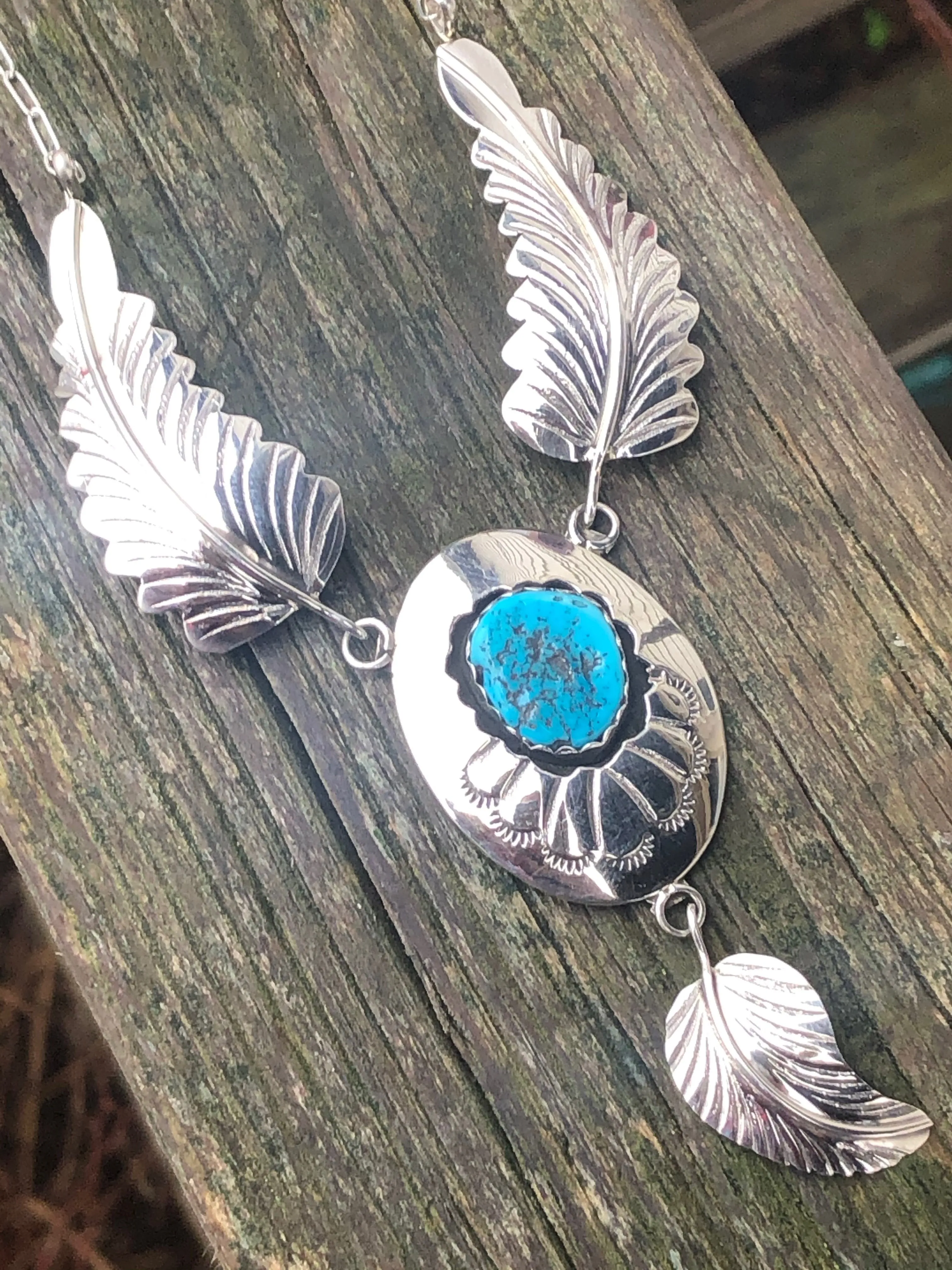 Navajo Stamped sterling silver and turquoise Shadow box necklace