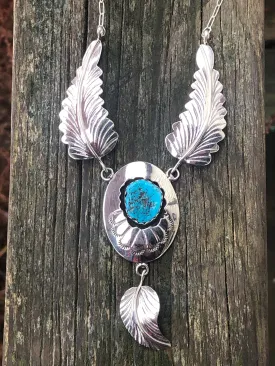 Navajo Stamped sterling silver and turquoise Shadow box necklace